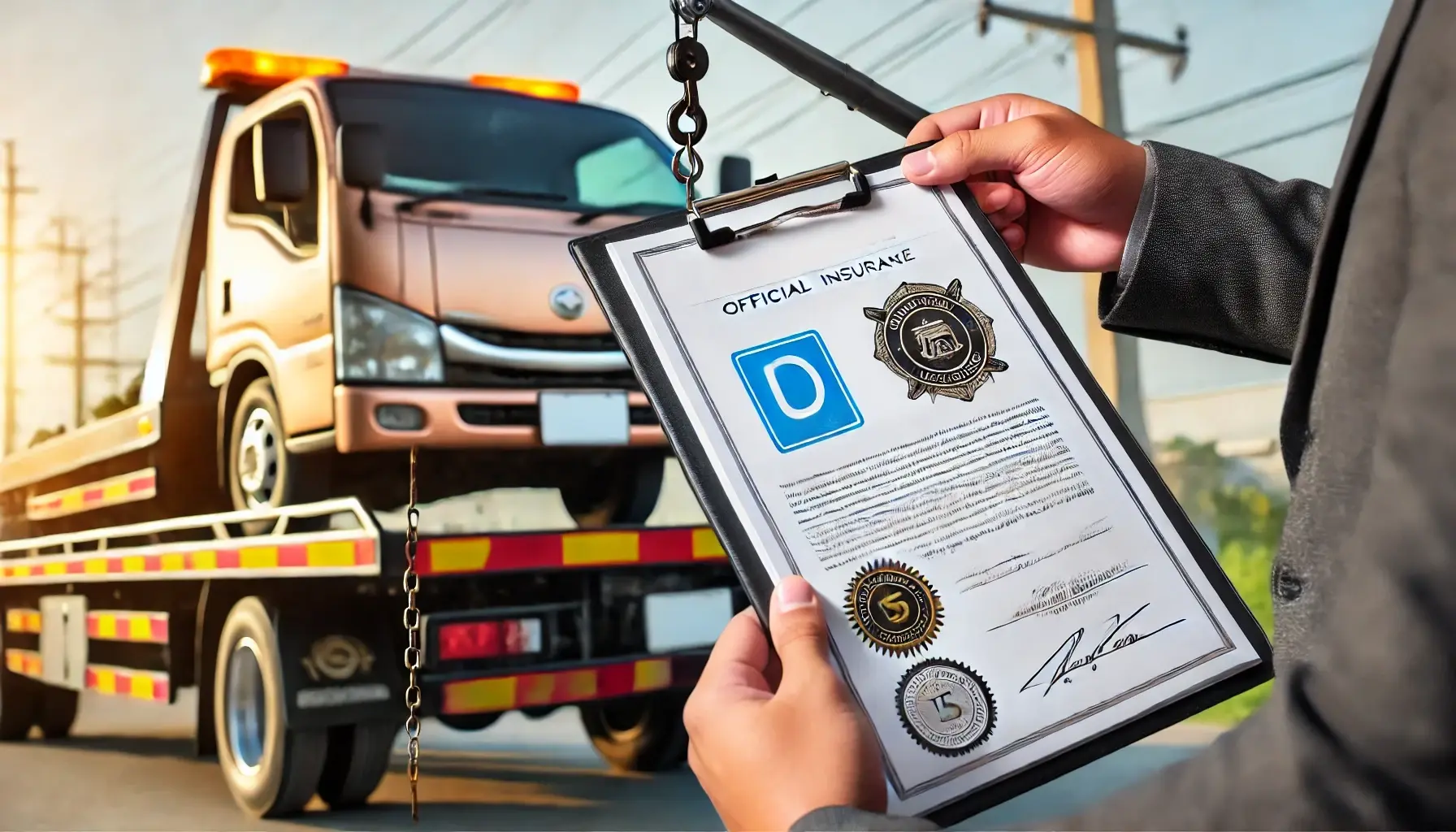 An image showing a tow truck with license and insurance papers clearly visible, a professional towing operator presenting the documents to a customer, and a badge or seal indicating official licensing and insurance.