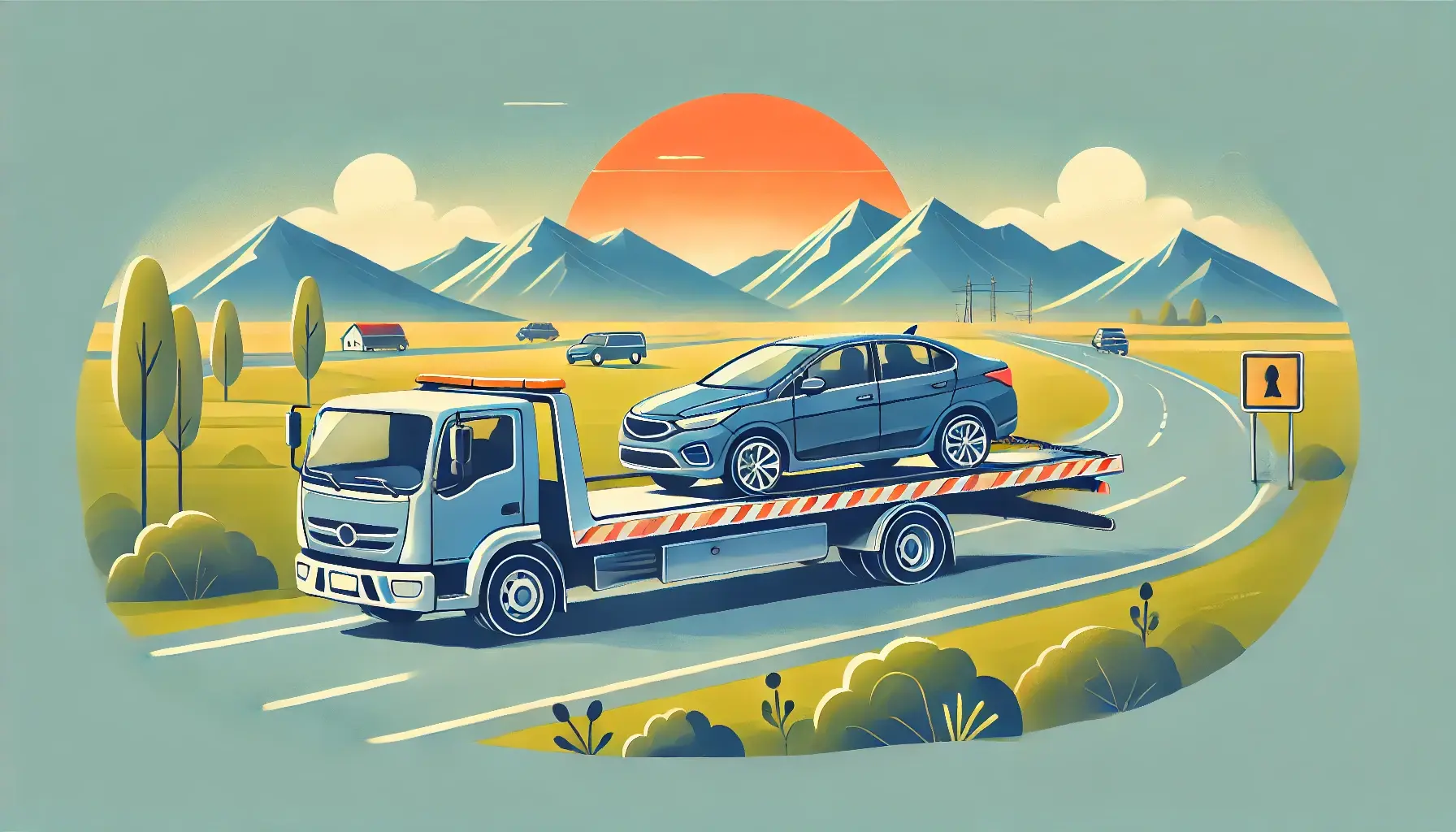 A flatbed tow truck on a highway, transporting a car over a long distance. A scenic background shows the truck driving through various terrains. The car on the flatbed indicates secure and safe long-distance travel.