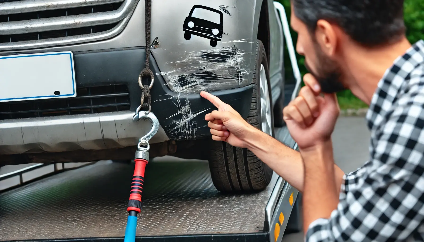 A close-up of a vehicle with scratches or damage from the towing process. The tow truck operator carefully hooking a car, indicating the risk of damage. A worried customer pointing out potential damage to their vehicle.