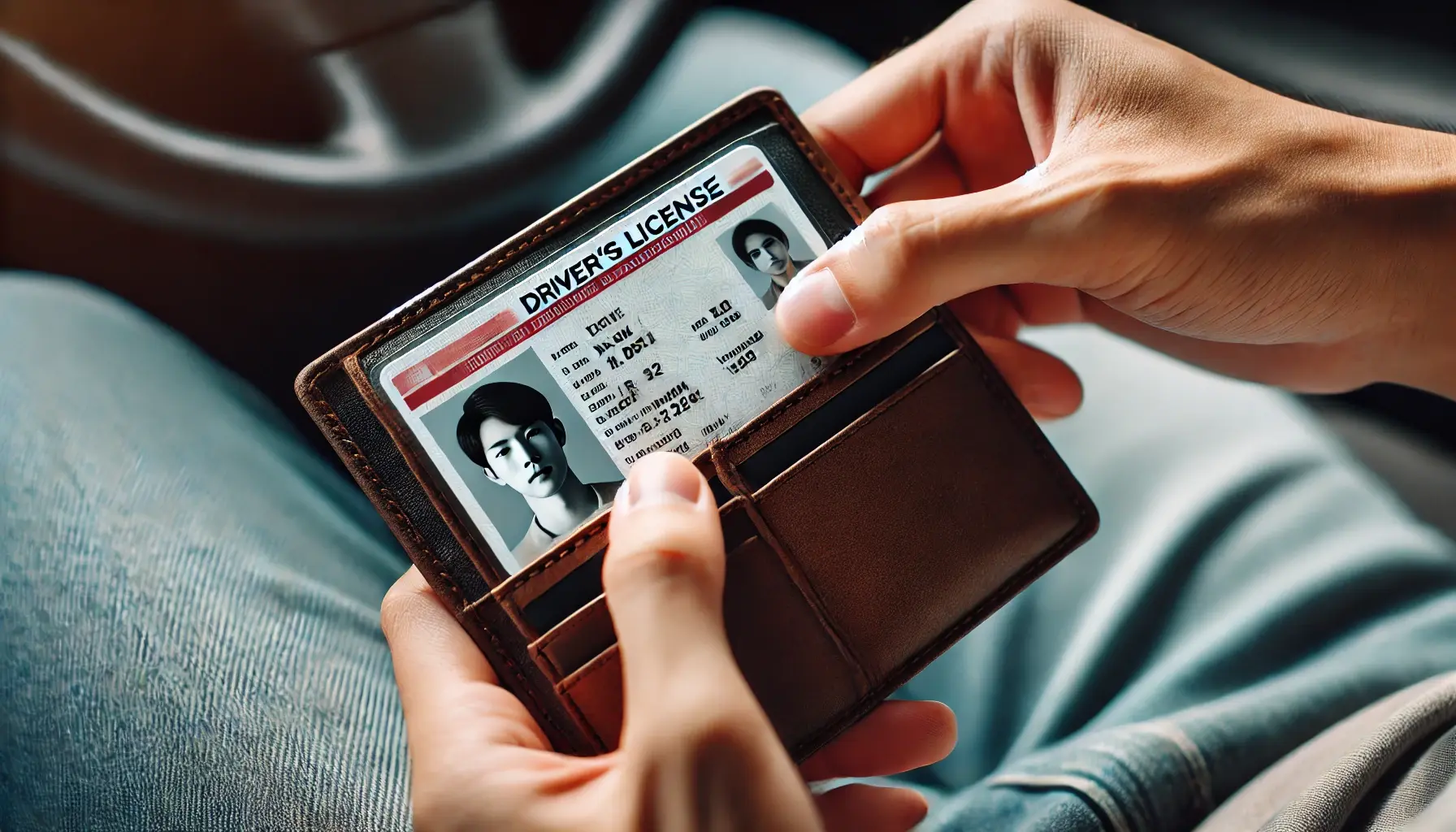 A close-up of a driver holding their driver’s license. The license is clearly visible, showing essential details like the name, photo, and license number. The driver is putting the license back into their wallet.