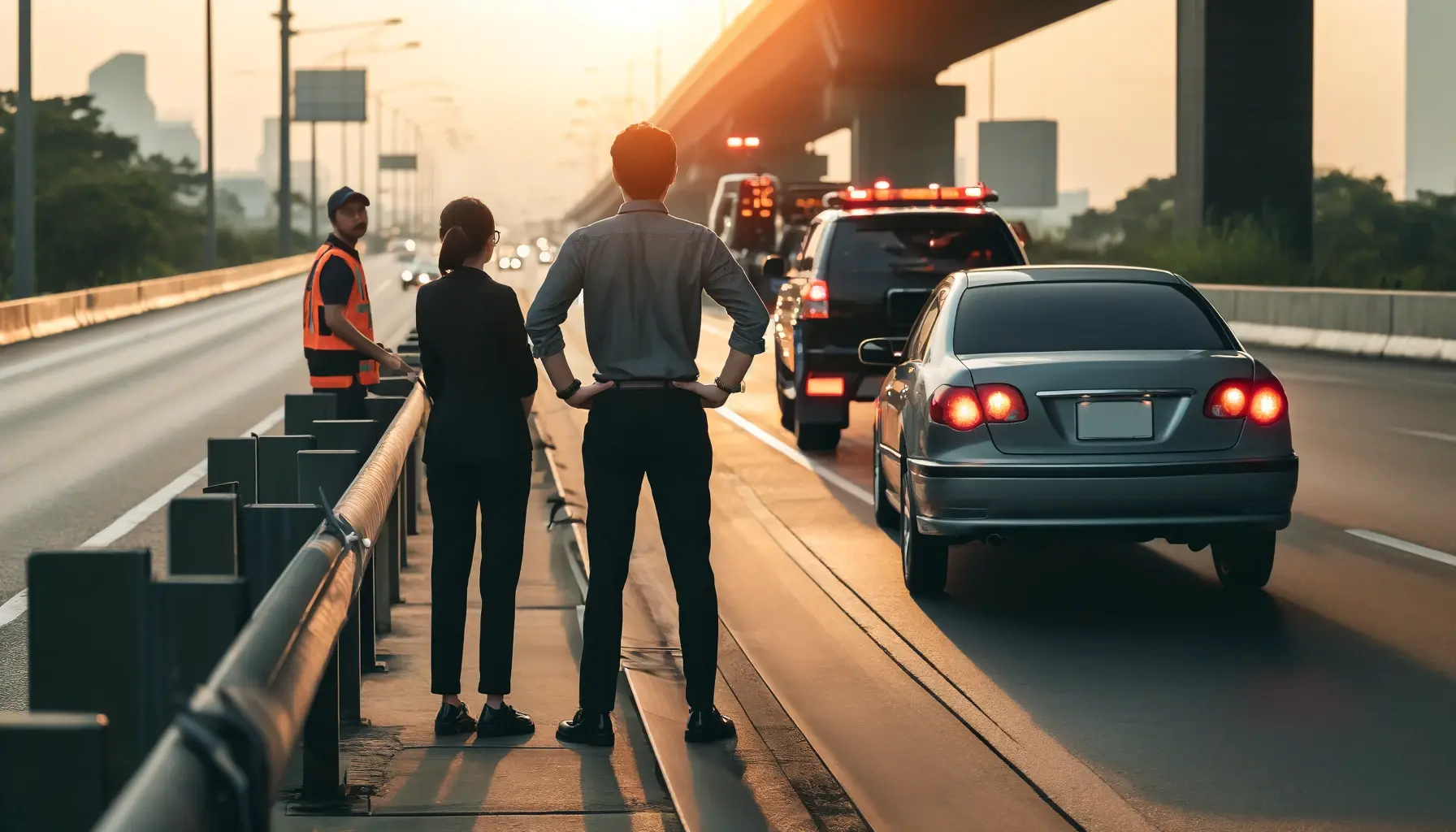 The driver and passengers standing safely behind a guardrail or barrier, away from traffic. The car is parked on the shoulder of the road with hazard lights on. The driver is keeping an eye on traffic and staying alert while waiting for the tow truck.