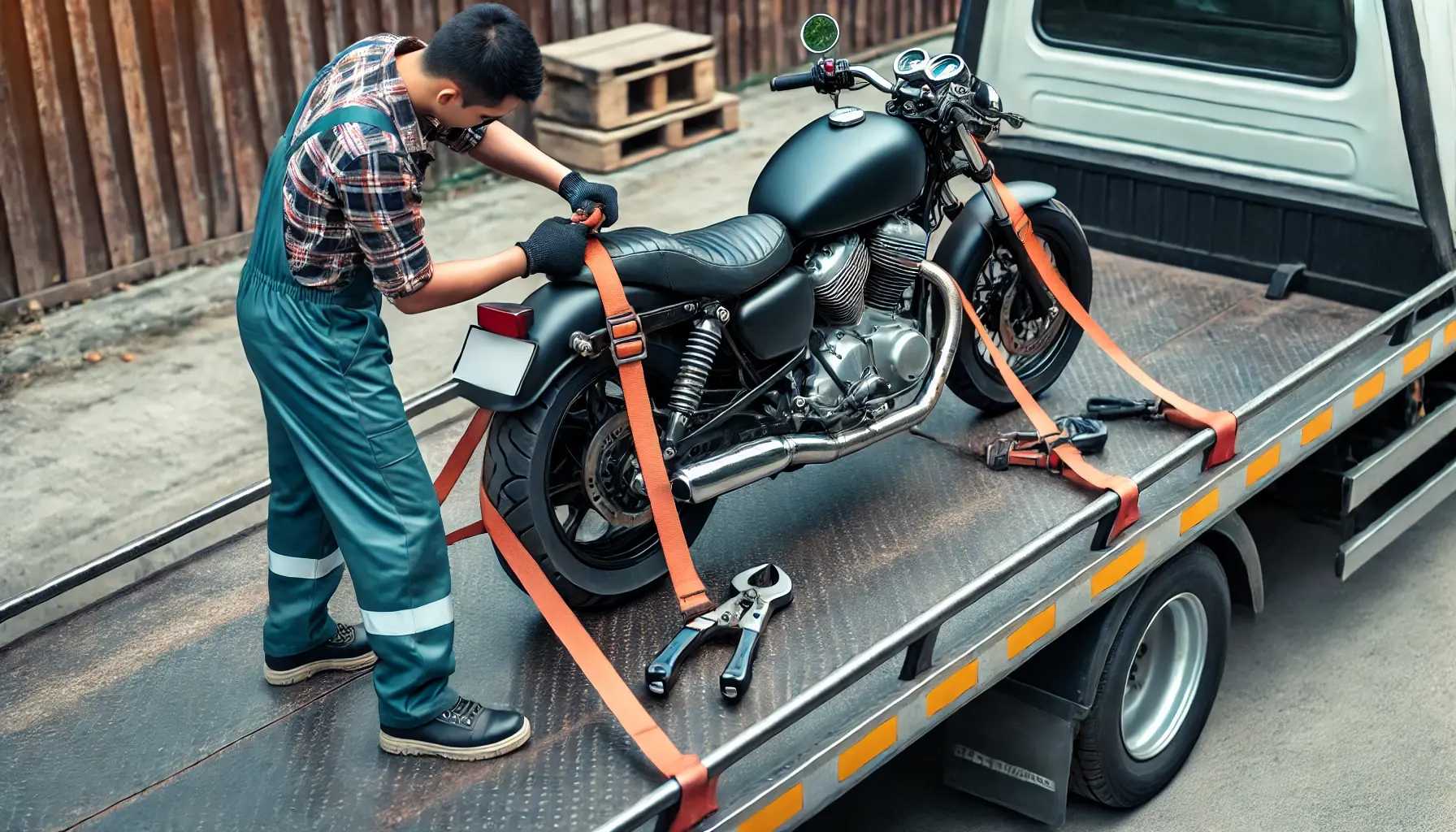 A tow truck operator securing a motorcycle on a flatbed truck. The operator is using straps and ties to stabilize the motorcycle. The motorcycle’s wheels and frame are securely fastened to prevent movement.