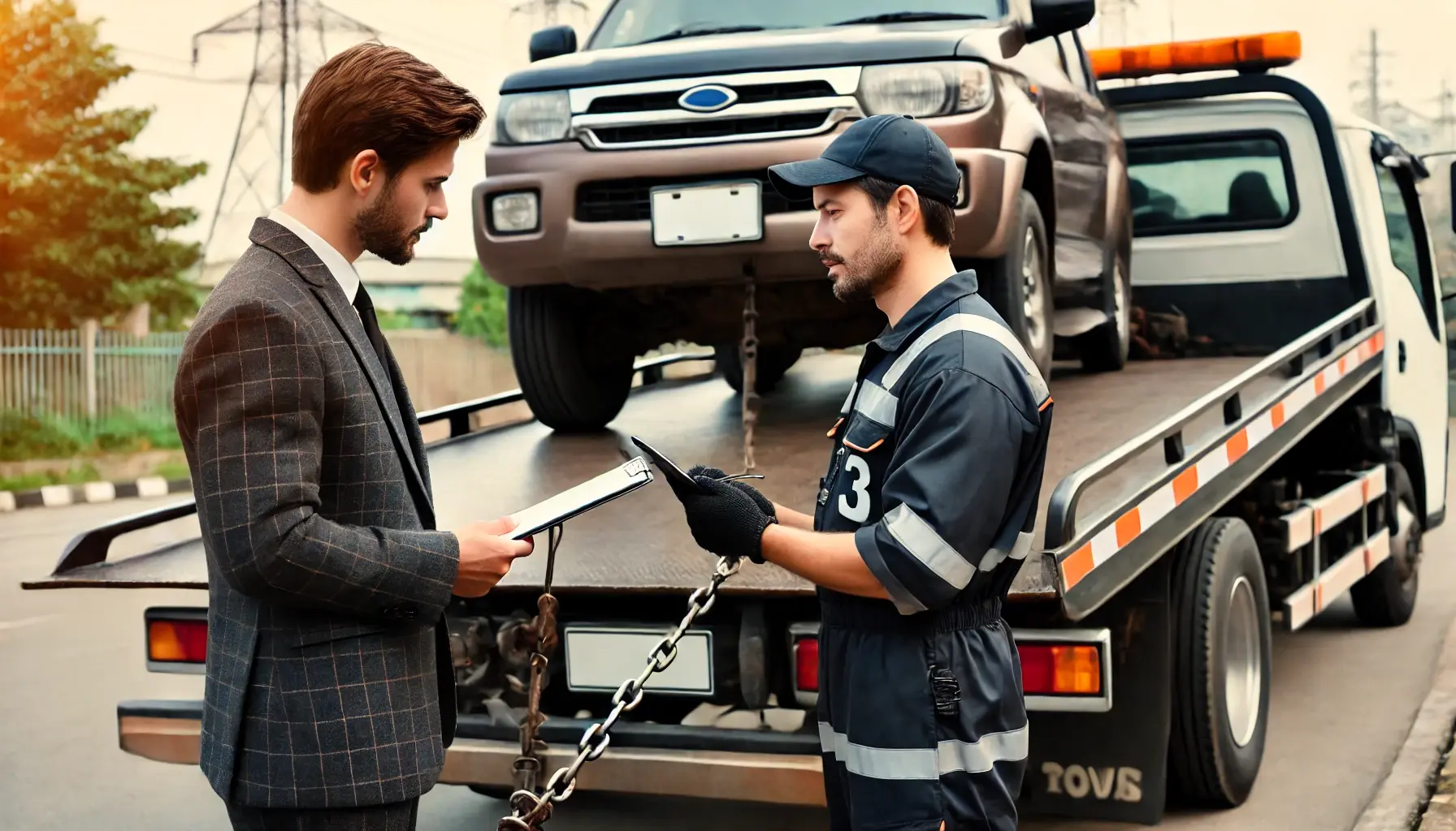 A tow truck operator inspecting the vehicle for any pre-existing damage and discussing the towing plan with the vehicle owner. The vehicle is securely attached to the tow truck with heavy-duty straps and chains.