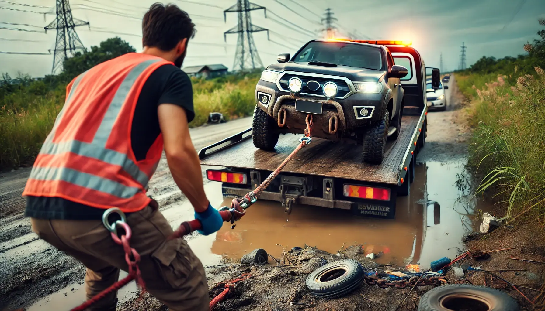 The tow truck operator using the winch to slowly and carefully pull the vehicle out of the ditch. The vehicle is being guided back onto the road, with the tow truck providing steady tension. The operator is monitoring the process to ensure the vehicle is safely recovered without further damage.