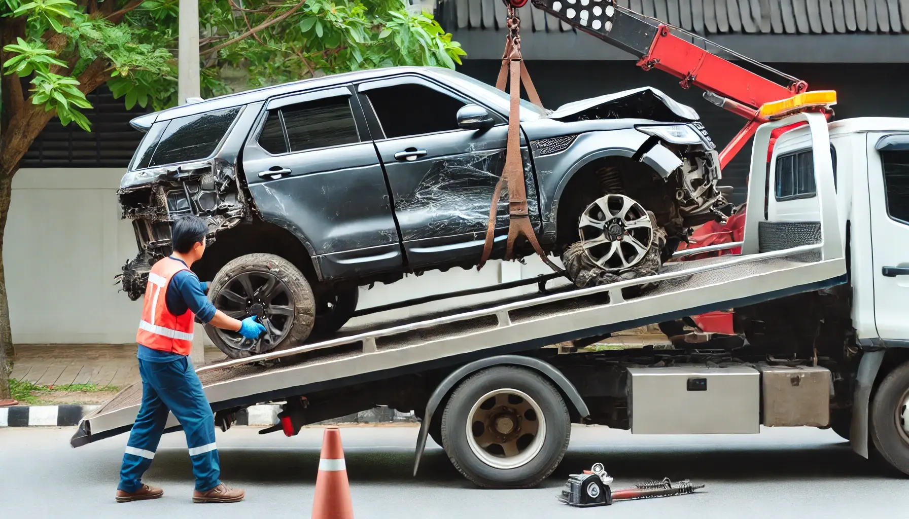 A damaged or non-operational vehicle being loaded onto a tow truck. The tow truck operator is using extra equipment to secure a heavily damaged vehicle. A vehicle with flat tires or other issues is being prepared for towing.