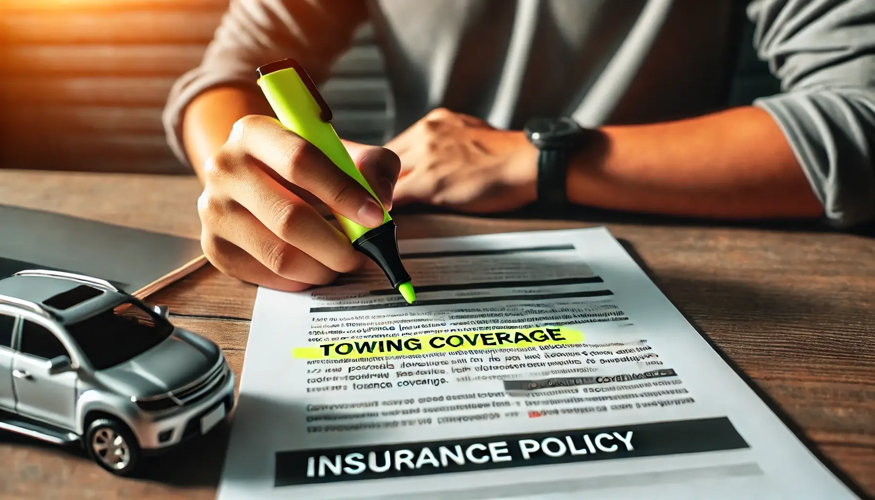 A person sitting at a desk, reading their insurance policy document. A close-up of the insurance policy highlighting the section on towing coverage. The person is using a highlighter to mark important details about towing coverage.