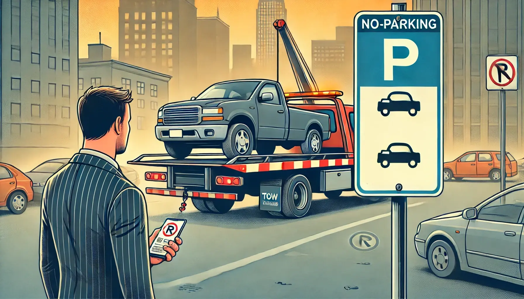 A tow truck towing a car parked in a no-parking zone. A sign indicating a no-parking area with the tow truck in the background. A driver looking at a parking sign with towing information, with the wording removed from the selection.