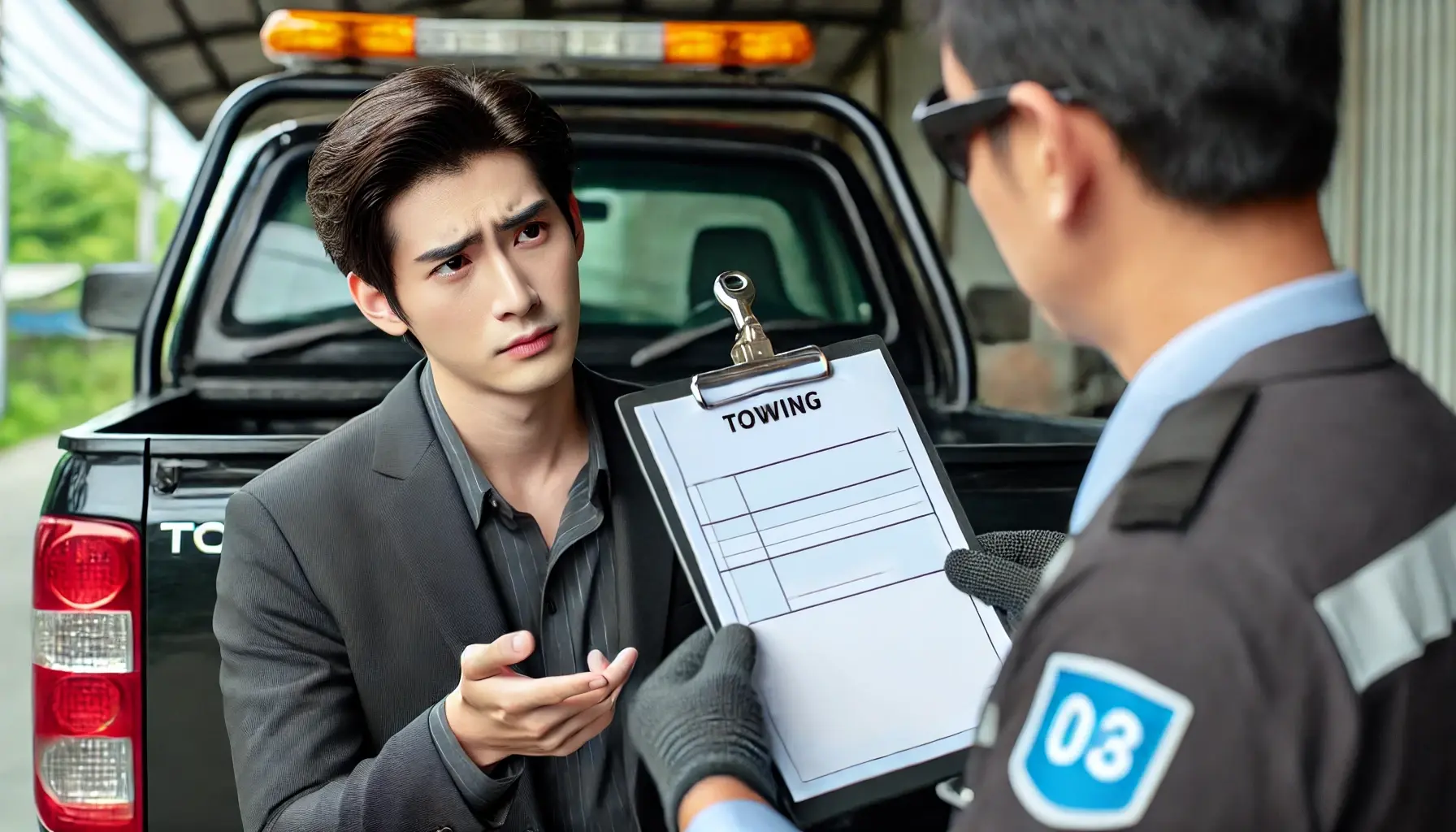 A driver talking to a tow truck operator and asking why their car is being towed. The tow truck operator is showing a towing notice or authorization. The notice has lines to represent text, indicating the reason for towing.