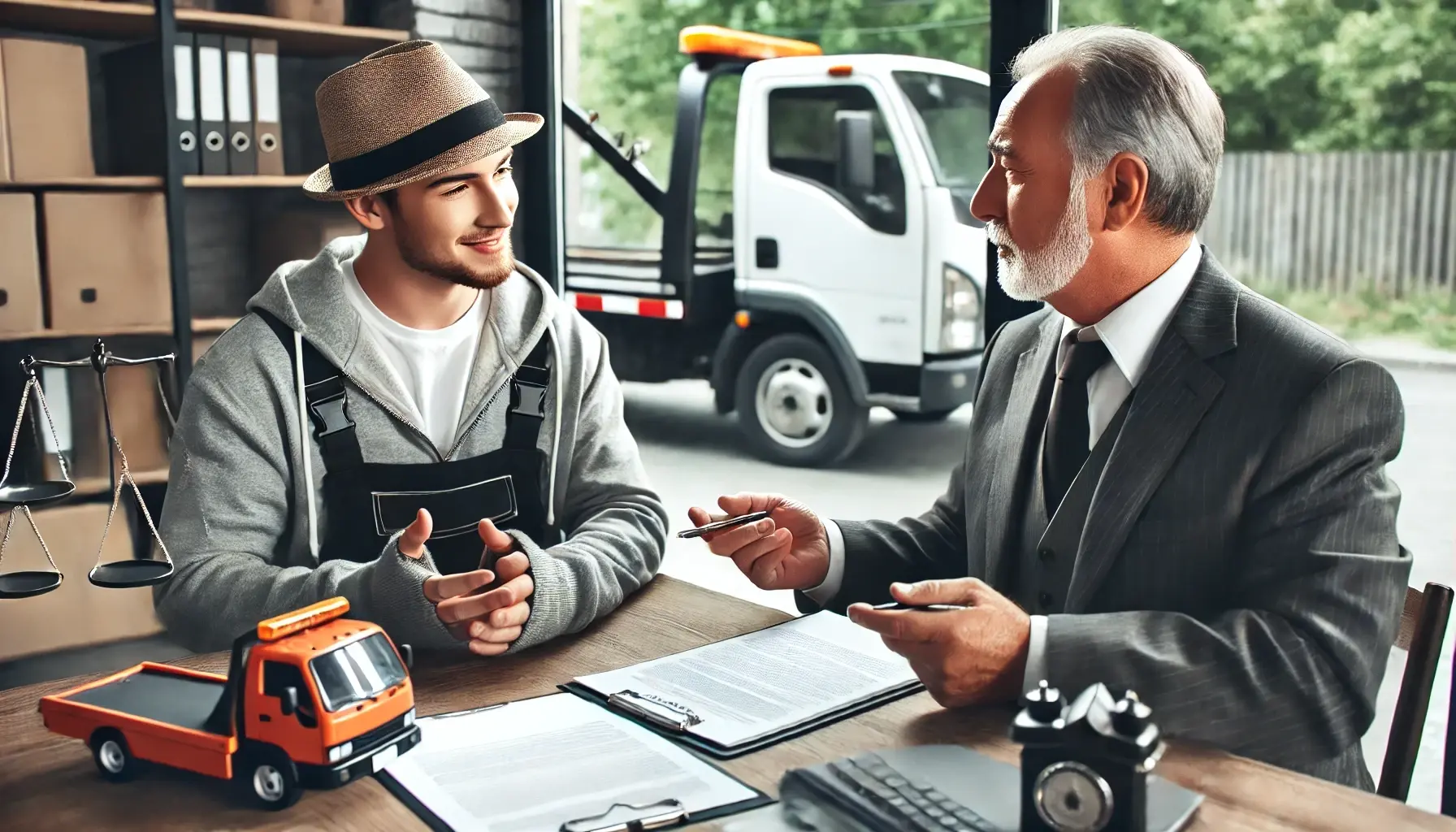 The driver speaking with a lawyer or legal advisor about the towing dispute. The lawyer is reviewing the documents and evidence provided by the driver. The driver and lawyer are discussing possible legal actions or solutions.