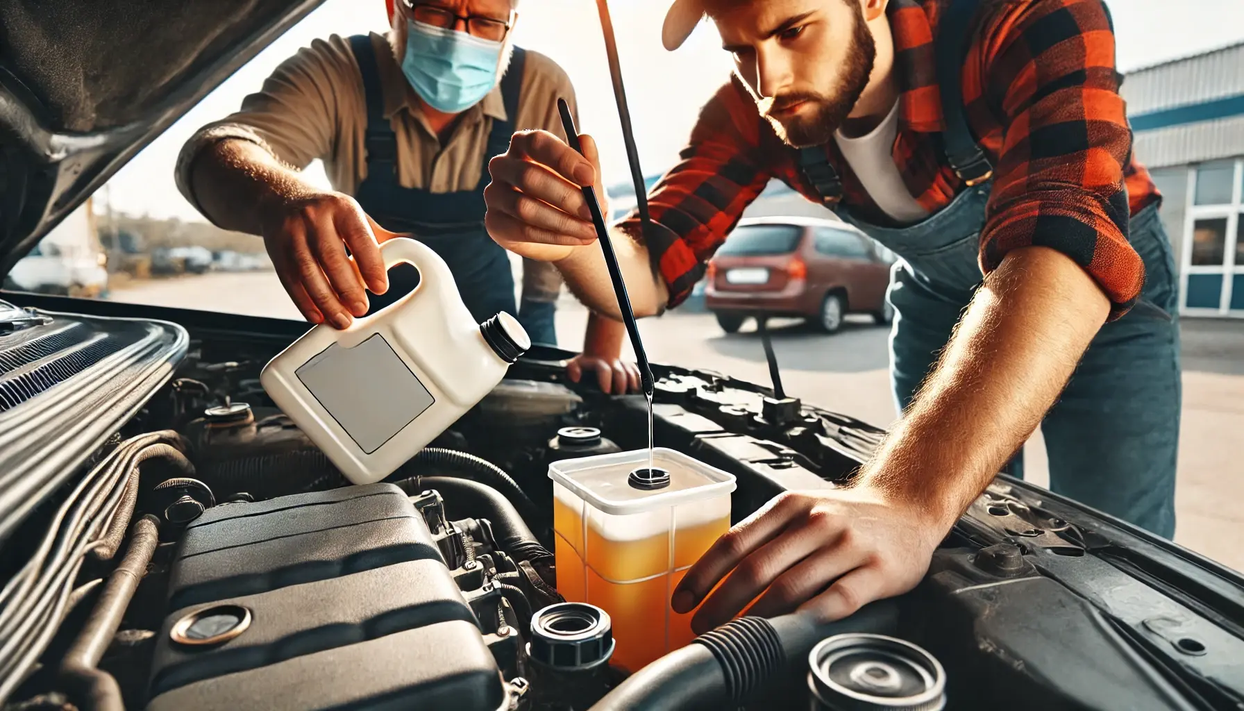 The driver checking the coolant level in the radiator. A mechanic topping off the windshield washer fluid. A close-up of the transmission fluid dipstick being checked.